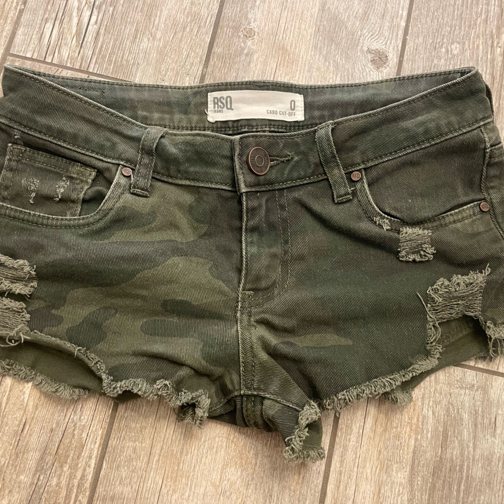 Rsq Super Low Rise Green Jean Shorts Distressed Denim